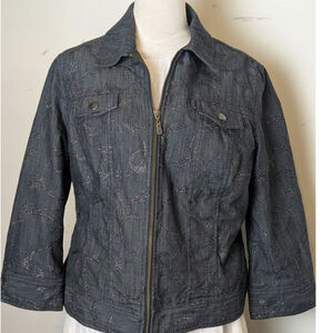 Boho Chic Dark Zip Up Denim Jacket Whimsical Embroidered Embellishment Size 12